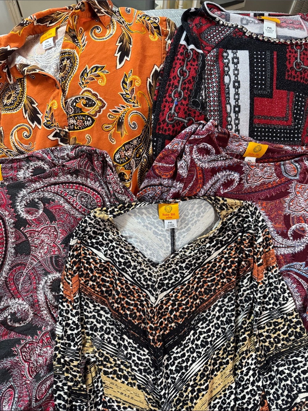 Ruby Rd. Mixed Print Tunic Tops in Orange, Red, Black, Brown, Cream lot#13